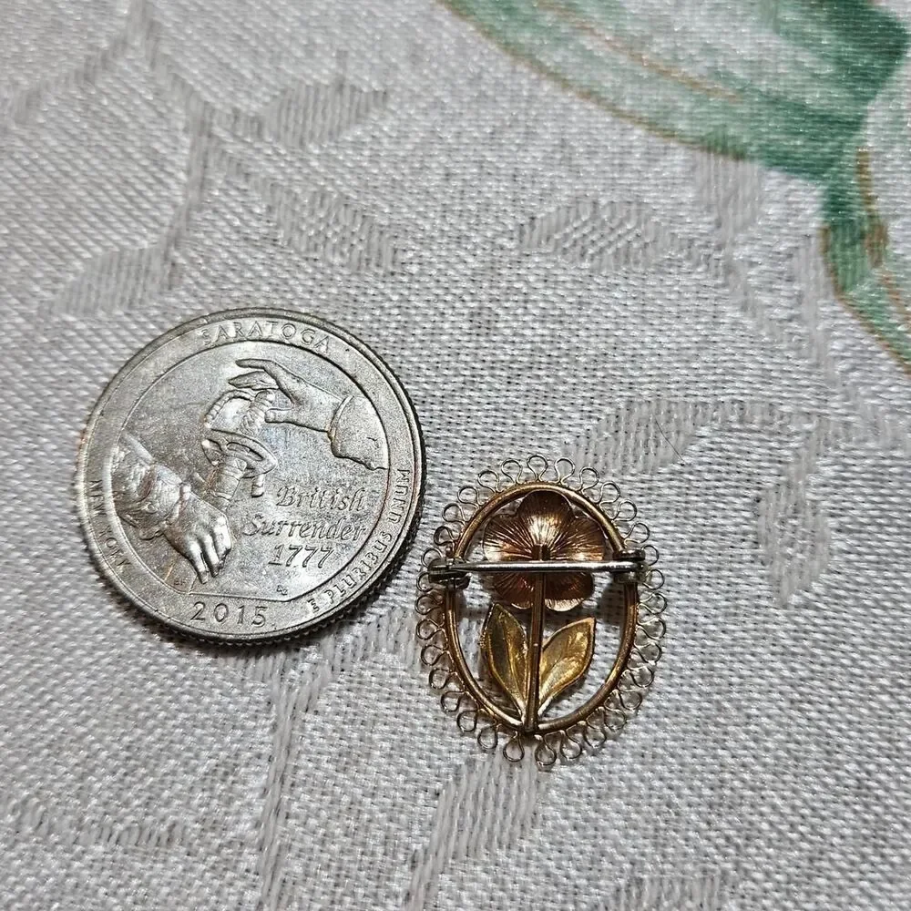 vintage cottagecore coquette gold tone rose oval filigree pin brooch